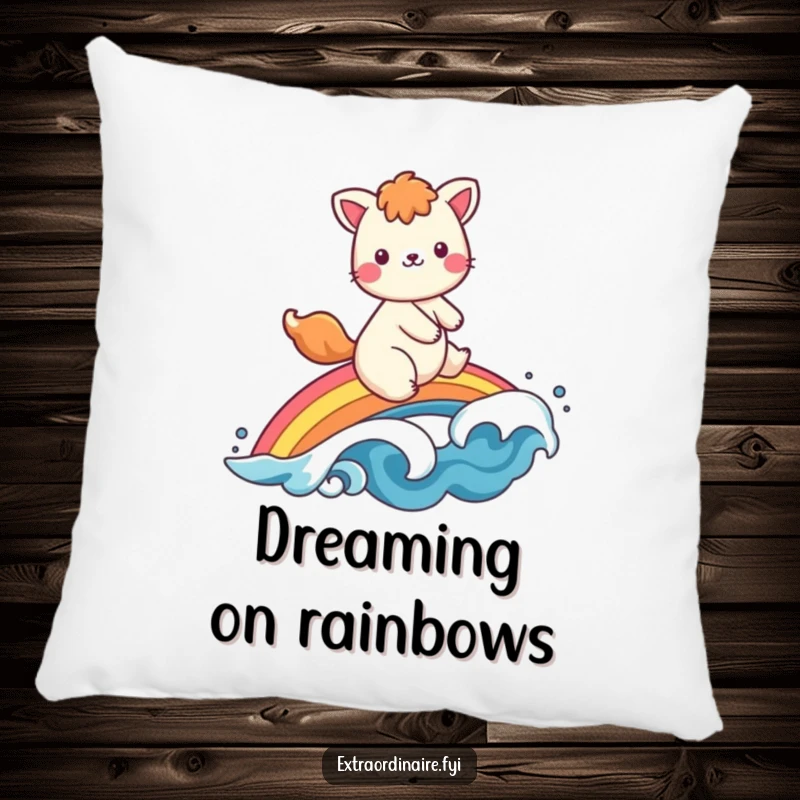 Funny pillow design of a smiling animal character riding a vibrant rainbow, waving joyfully, adding a touch of cheer.