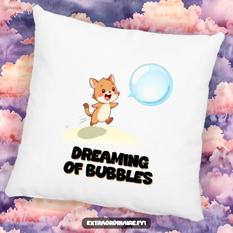 Funny pillow design of an excited animal character jumping high to catch a magnificent, translucent bubble, bringing cheer.