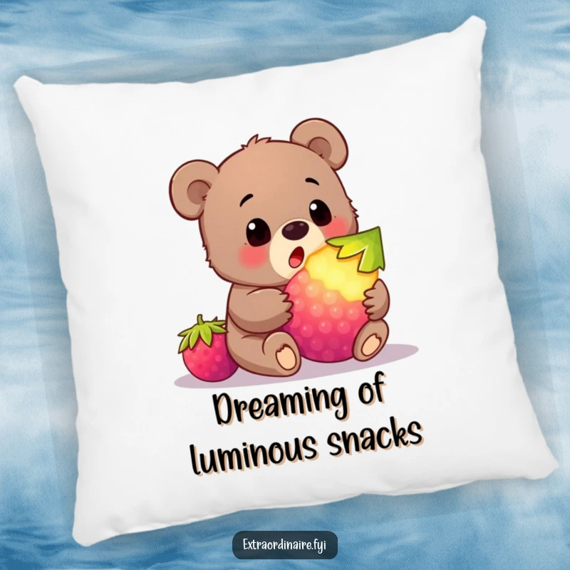 Funny bear cub berry pillow featuring a cub’s amazed expression at a glowing berry, offering plush comfort and a sweet surprise.
