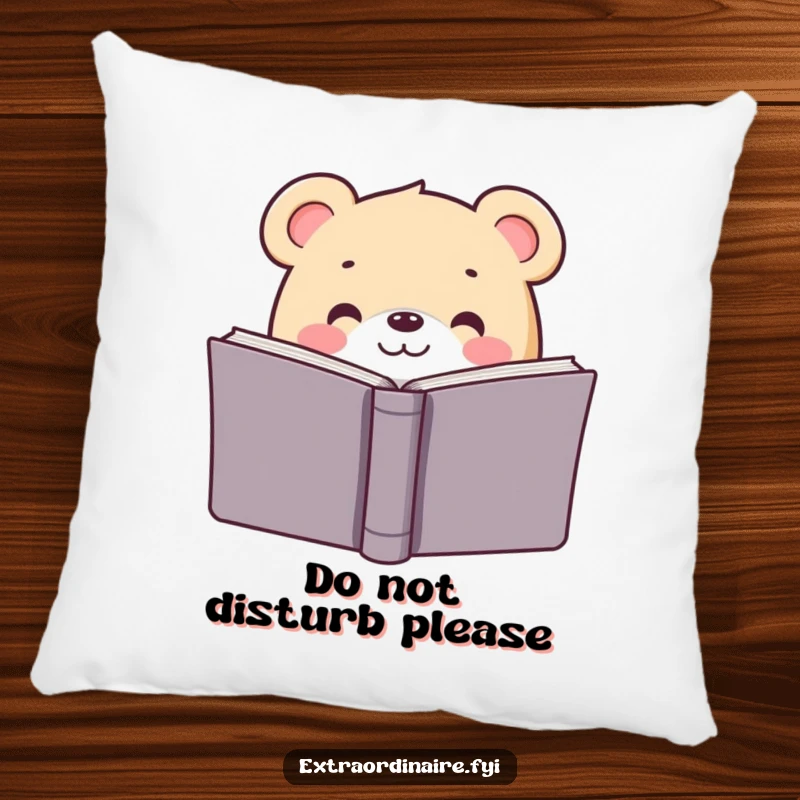 Funny throw pillow with a bear hiding behind a book, providing humorous comfort for book lovers and readers.