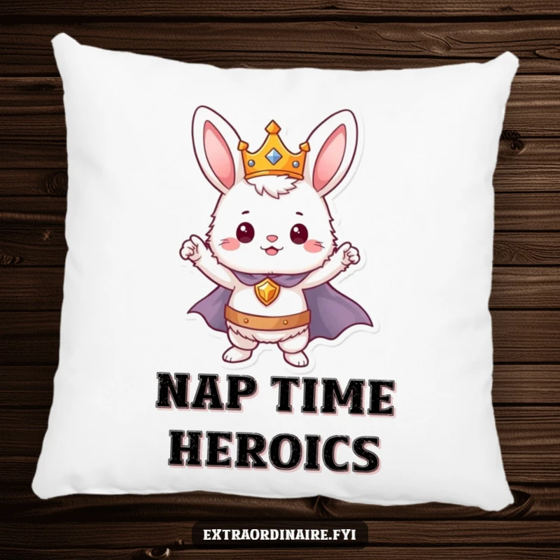 Funny bunny hero pillow, a crowned and caped rabbit striking a brave pose, soft and huggable.