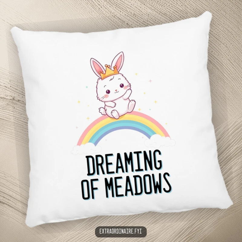 Funny pillow showcasing a fluffy bunny queen in a crown, gracefully leaping over a vibrant, shimmering rainbow, for cozy decor.