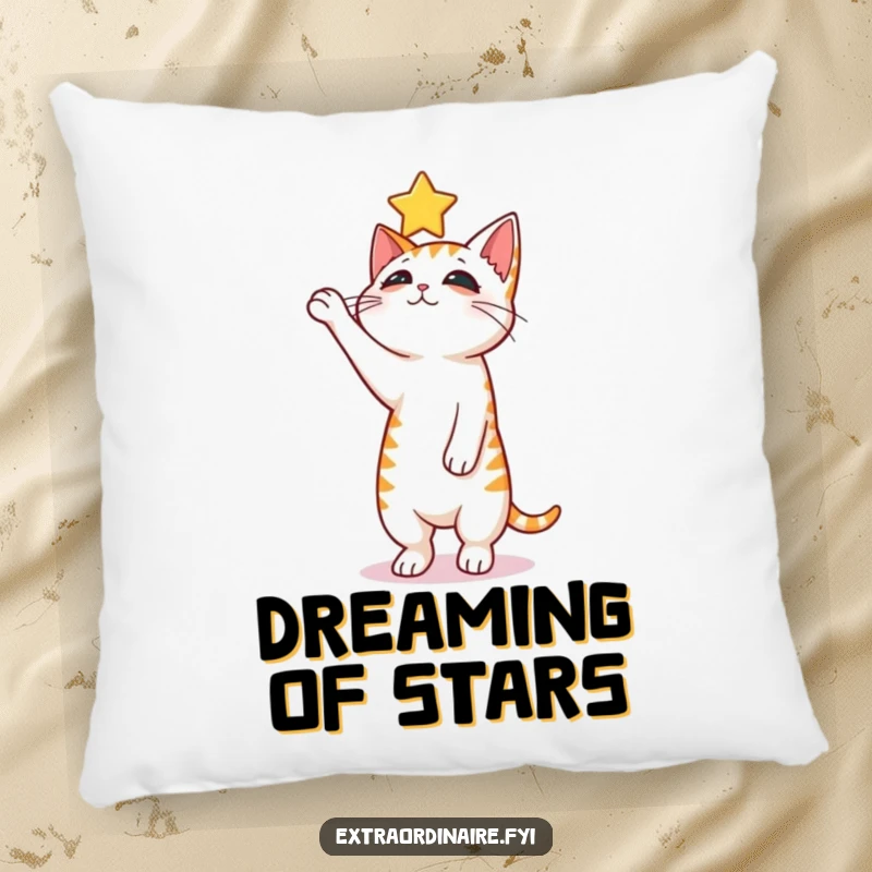 Funny curious cat pillow, a cat balancing on hind legs reaching for a star, soft and decorative.