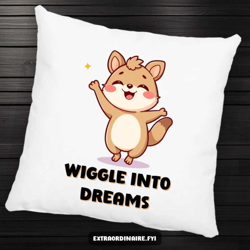 Funny Pillow: A jubilant animal character is depicted in a silly, energetic dance, offering comfort and playful vibes.