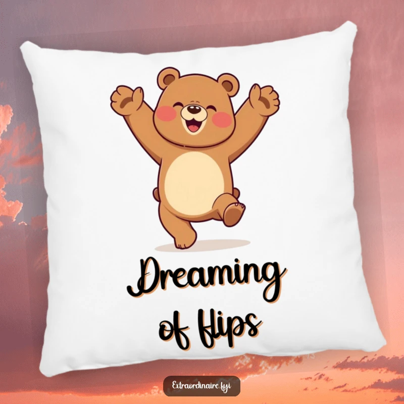 Soft decorative pillow featuring a funny dancing bear doing a cartwheel with a look of pure elation.
