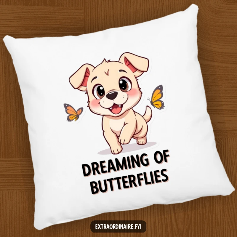 Funny pillow showcasing a dog with oversized, happy eyes in a comical chase after a butterfly, offering cozy charm.