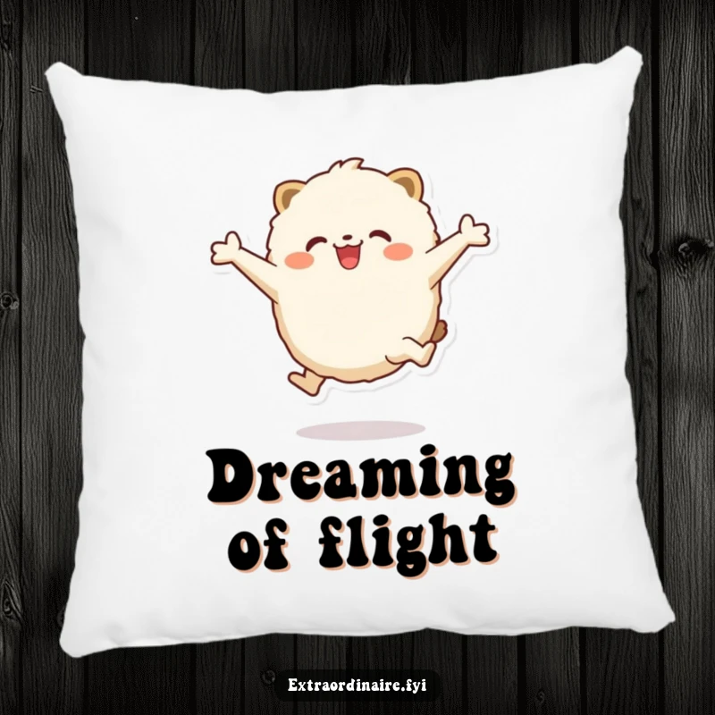 Funny Pillow: A fluffy, round animal character depicted in a joyous leap, arms open wide, bringing cheer and comfort.