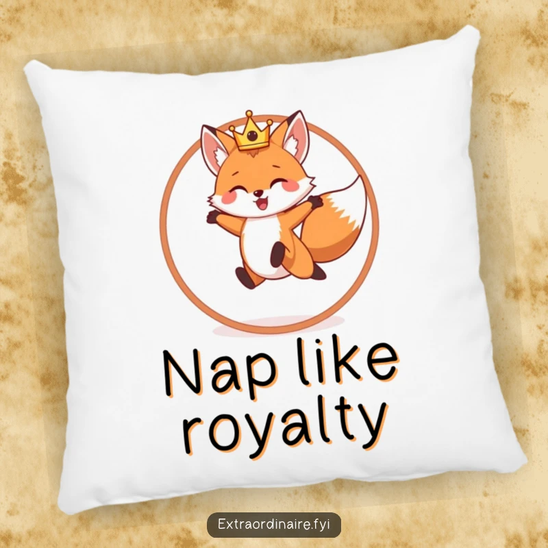 Funny pillow showcasing a cheerful fox wearing a crown, leaping through a hoop, bringing playful comfort.