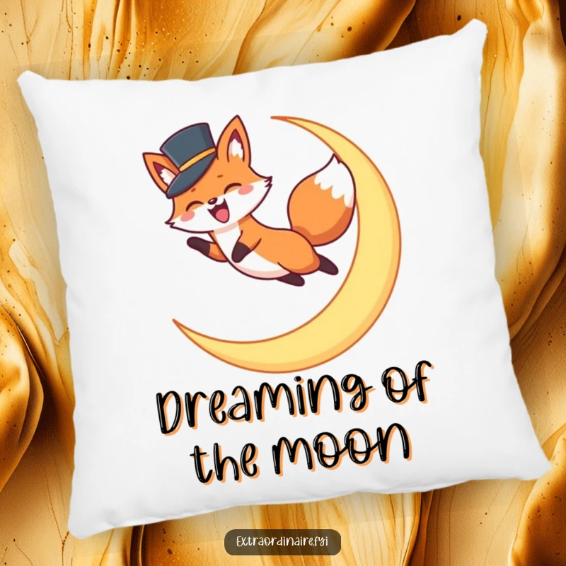 Funny Fox Top Hat Pillow: A plush pillow showcasing a funny scene of a fox in a top hat leaping beautifully over a bright crescent moon.