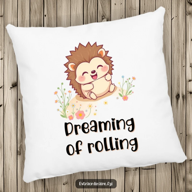 Soft decorative pillow featuring a happy hedgehog rolling downhill through flowers, adding comfort and a funny vibe.