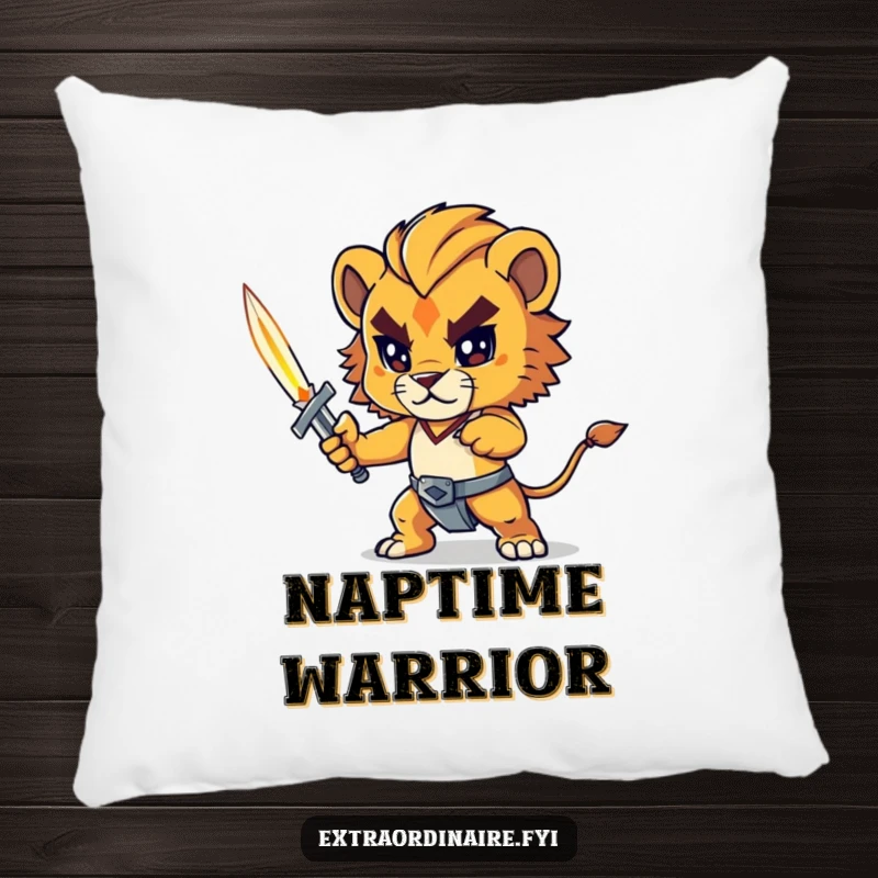 Funny lion cub pillow, a determined lion cub character with a miniature sword, soft and decorative cushion, perfect for fantasy fans.