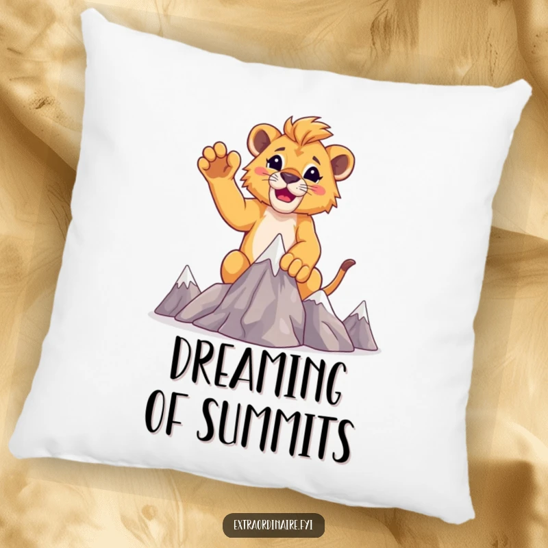 Funny lion cub snuggle pillow, showing a happy cub raising paws after climbing miniature mountains.