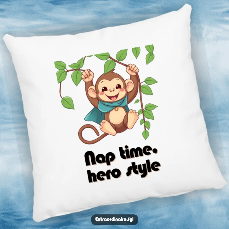 Funny Monkey Cape Swinging Pillow: A soft pillow featuring a happy, caped monkey swinging, bringing funny comfort.