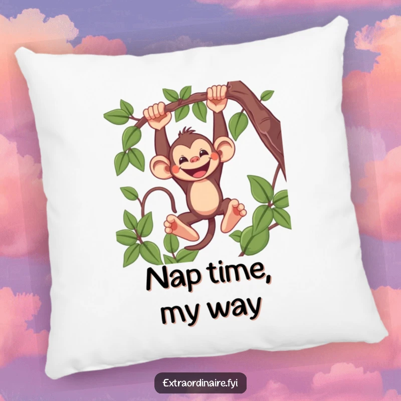 Funny Monkey Pillow featuring a mischievous monkey swinging from a vine with a wide grin, providing comfort and a touch of humor.