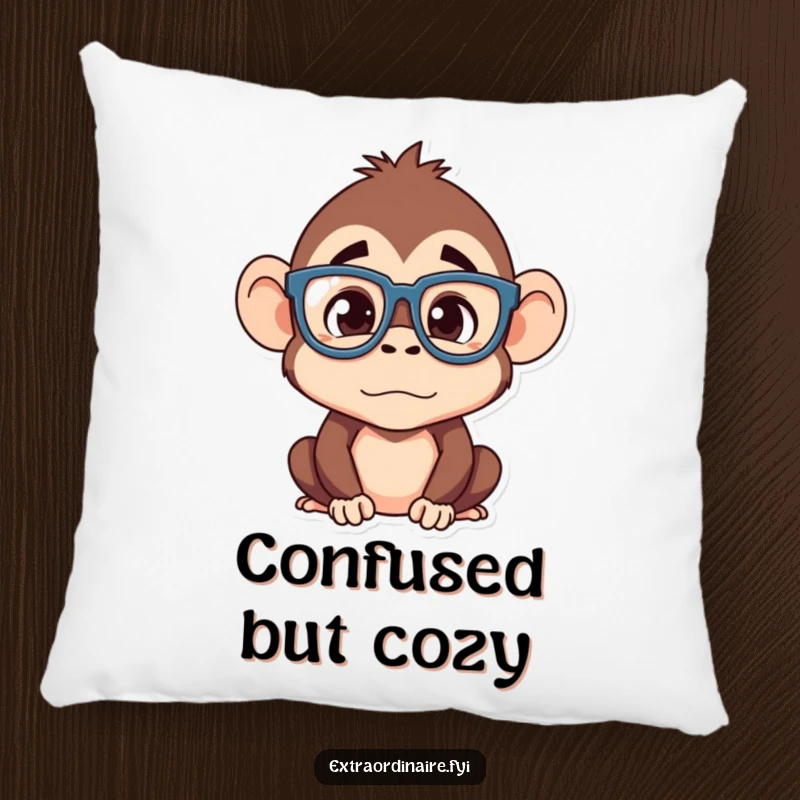 Funny monkey pillow, a silly monkey character with big glasses looking confused, soft and decorative cushion for humorous decor.