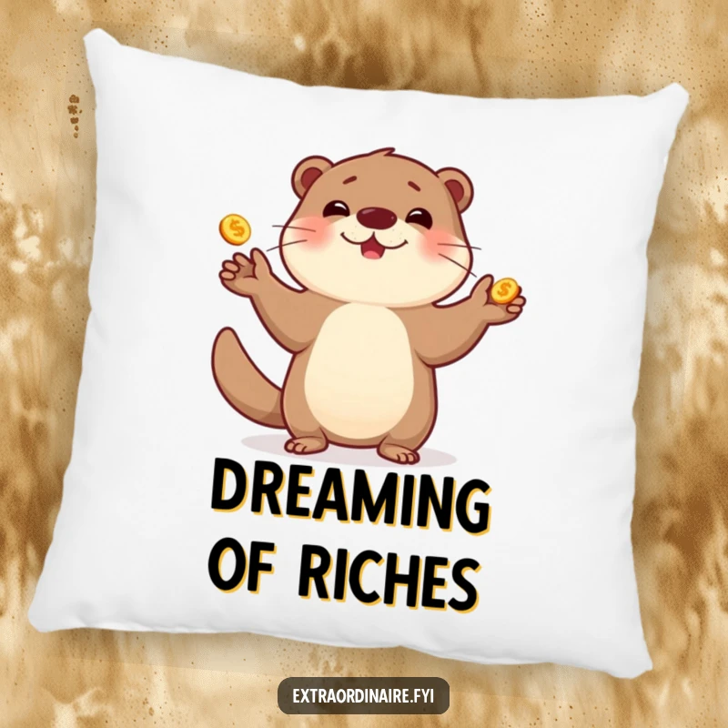 Funny otter pillow, illustrated juggling golden coins, designed for cozy and playful enjoyment.