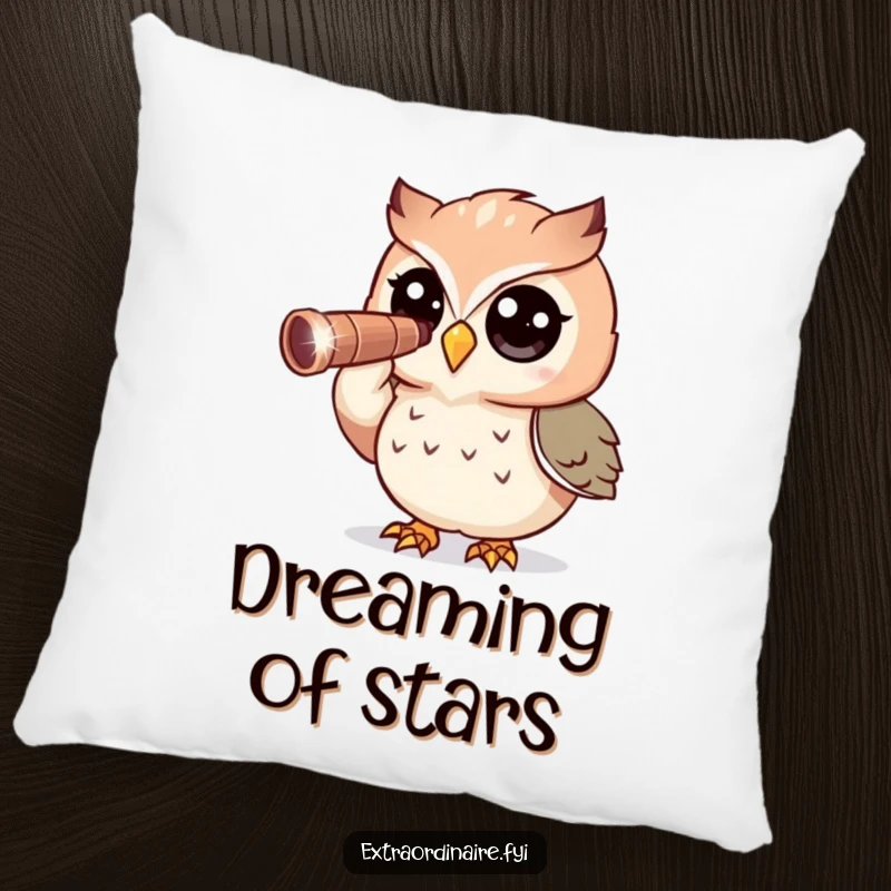 Funny Owl Pillow: A curious owl character rests comfortably, peering through a sparkly telescope.