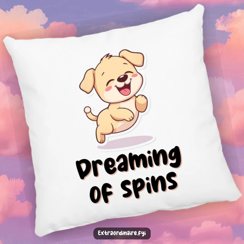 Funny puppy giggling pillow, a playful dog chasing its tail in a circle, soft and huggable.