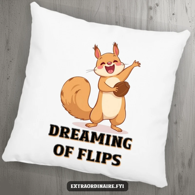 Funny Squirrel Flip Pillow: A soft pillow featuring a joyful squirrel doing a funny acrobatic flip with a nut.
