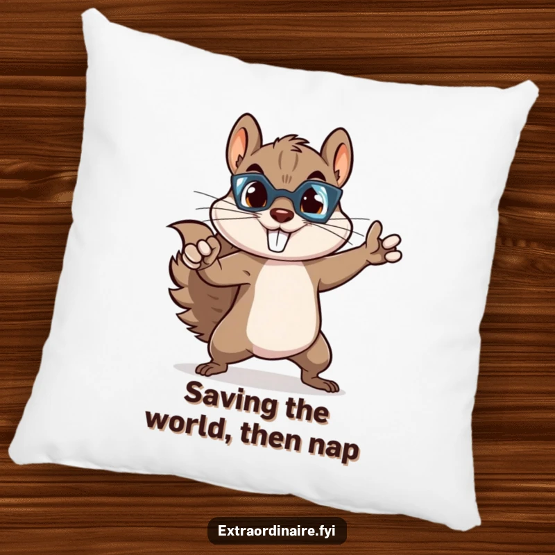 Funny squirrel superhero pillow showcasing a cute, mischievous rodent in a dynamic heroic pose, perfect for sofa or bed decor.