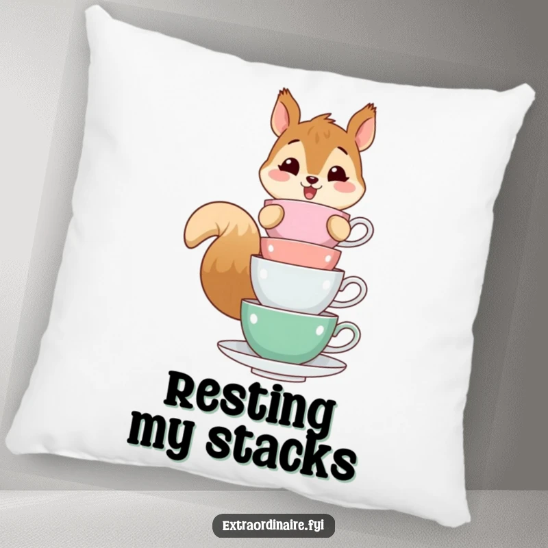 Funny pillow design showing a cheerful squirrel character balancing a stack of teacups, offering comfort and a whimsical visual.