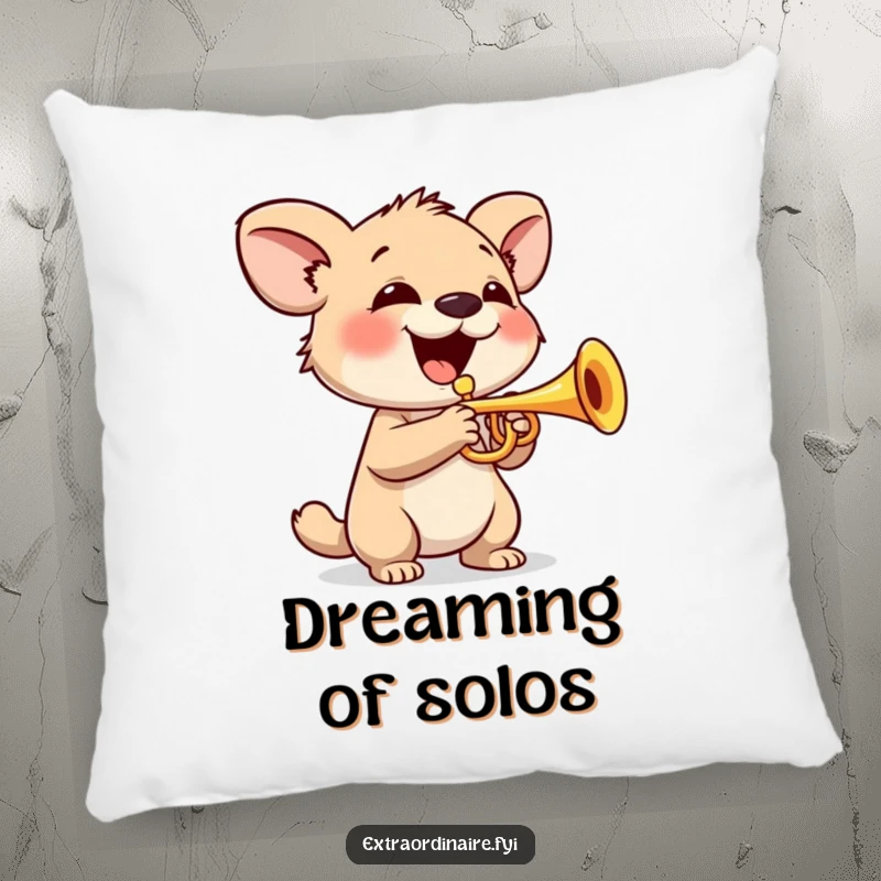 Funny Pillow: A smiling animal character plays a tiny trumpet, offering comfort and a cheerful, musical vibe.