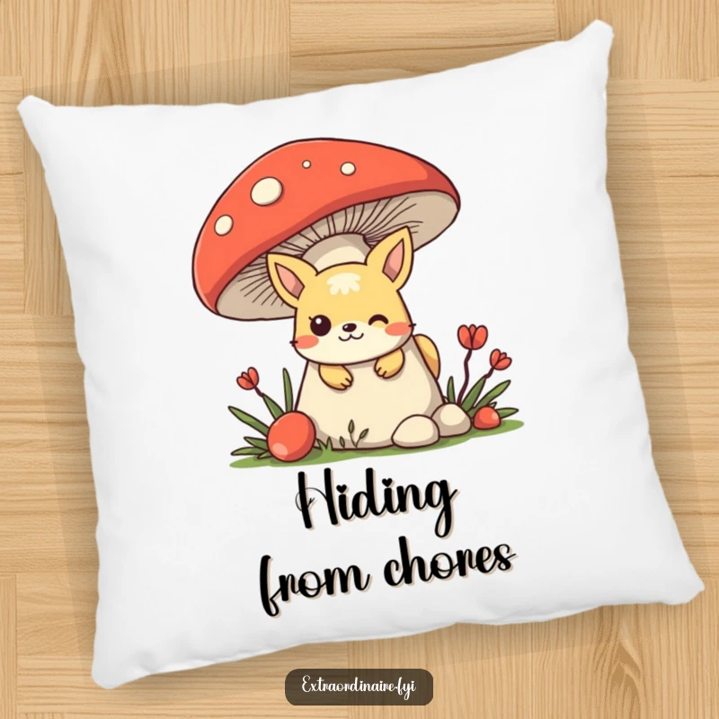 Funny mischievous animal character hiding behind a giant mushroom, peeking out with playful comfort on a soft pillow.