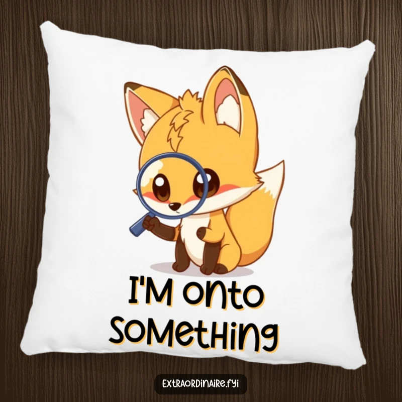 Funny fox pillow, a curious fox with a magnifying glass, soft and comfortable decor, bringing humor and charm, ideal funny gift.
