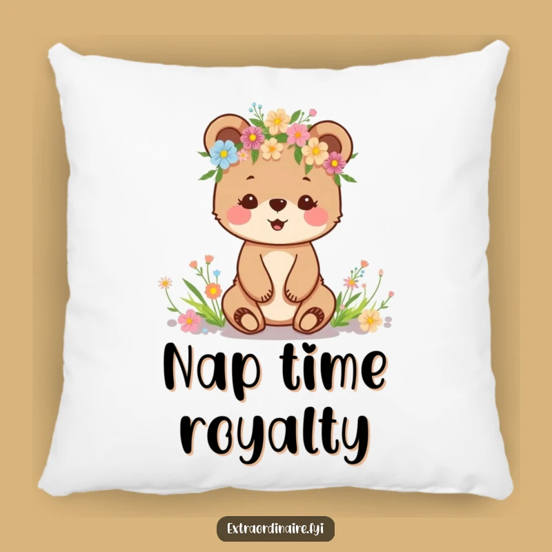 Funny Bear Cub Flower Crown Pillow: Cozy Woodland Accent, Adorable Funny Gift!