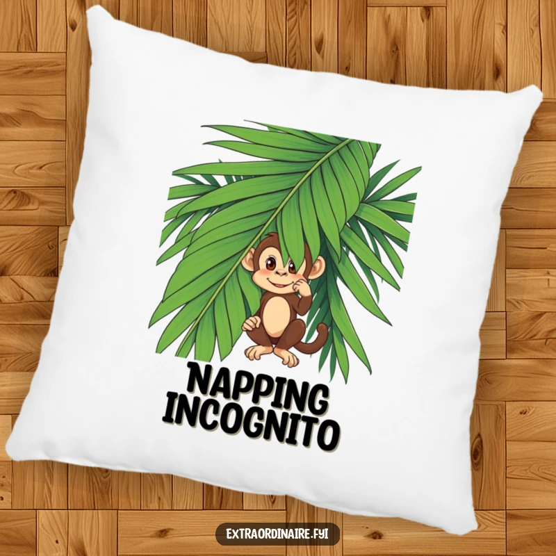 Soft and decorative pillow featuring a funny monkey hiding behind a palm leaf, adding comfort and humor.