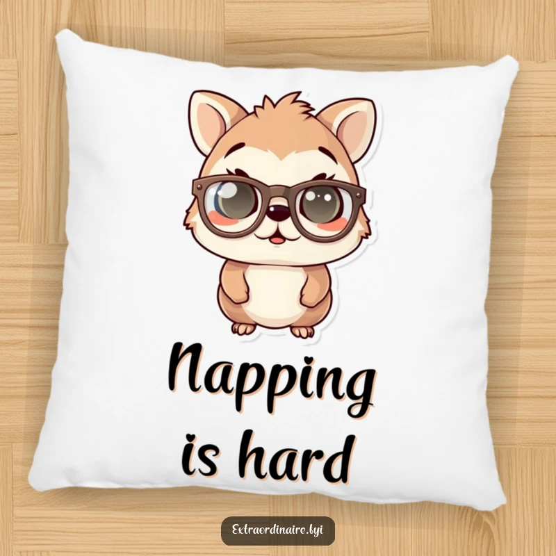 Funny pillow design of an animal character with exaggeratedly large spectacles, eyes wide in a charmingly startled and funny expression.