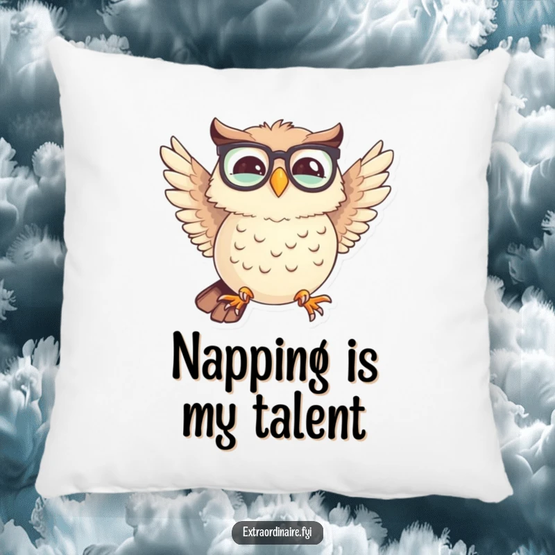Funny pillow showcasing a giggling owl with spectacles attempting flight with uneven wings, offering cozy humorous decor.
