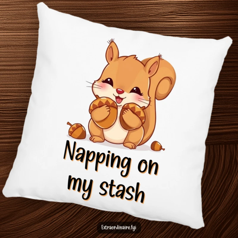 Funny pillow depicting a playful squirrel stuffing its cheeks with shiny acorns, ideal for cozy, woodland-themed decor.
