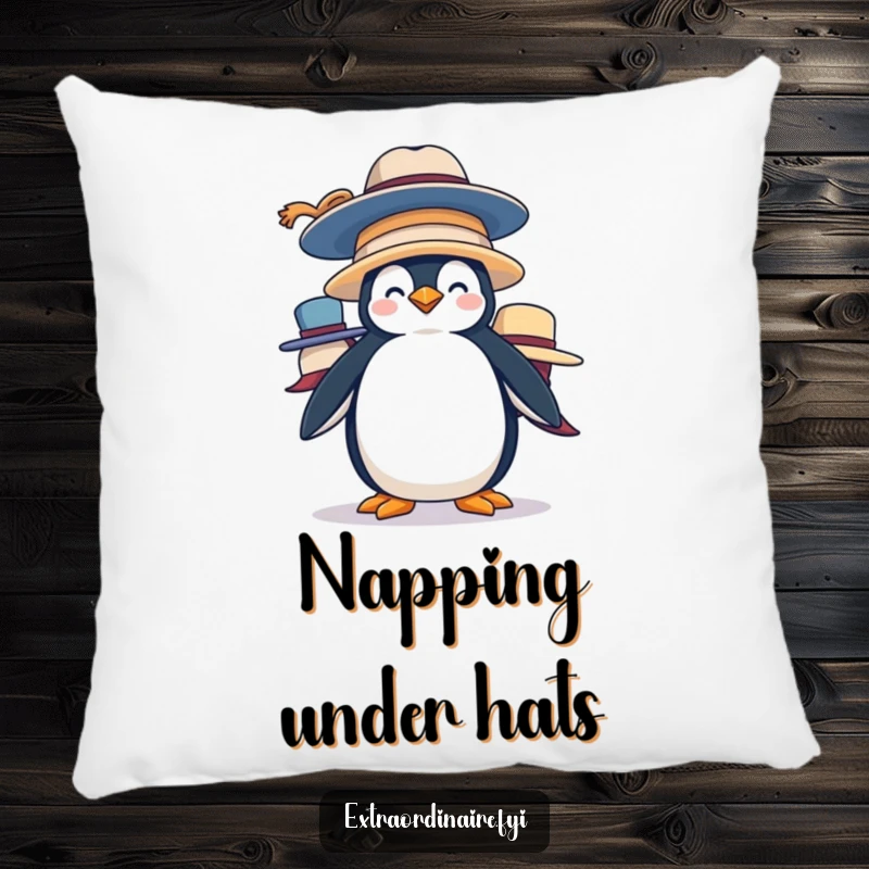 Funny Penguin Hat Stack Pillow: A silly penguin balances large hats, offering a soft, humorous, and comforting decorative accent.