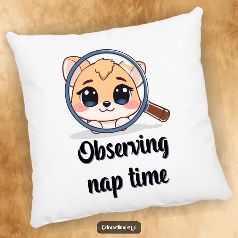 Funny Pillow: A curious animal character peeks from behind a giant magnifying glass, adding a touch of playful mystery.