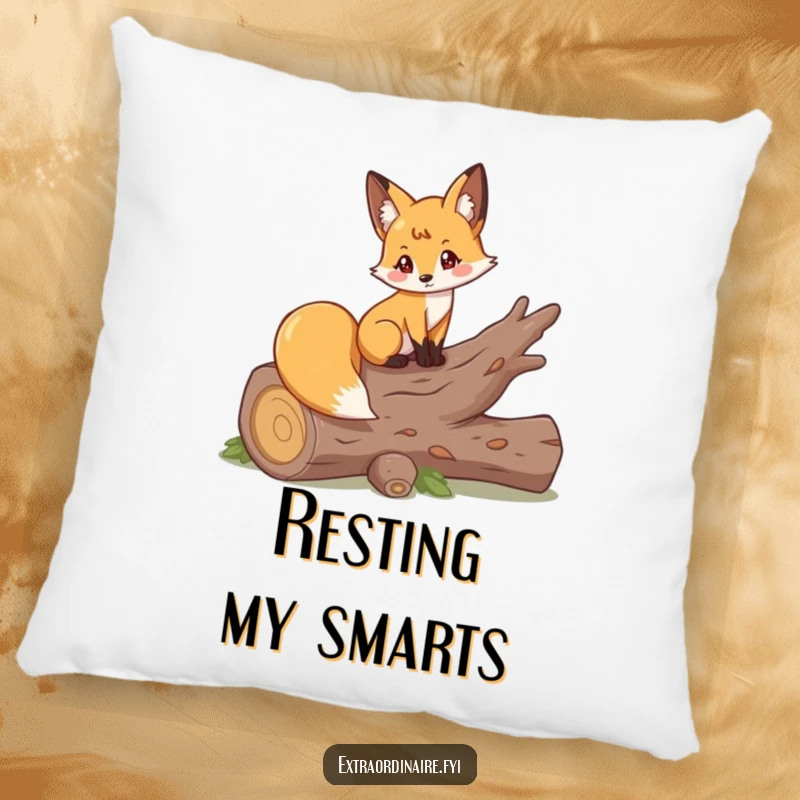 Funny pillow with a gracefully posed fox on a fallen log, adding a touch of playful woodland elegance.