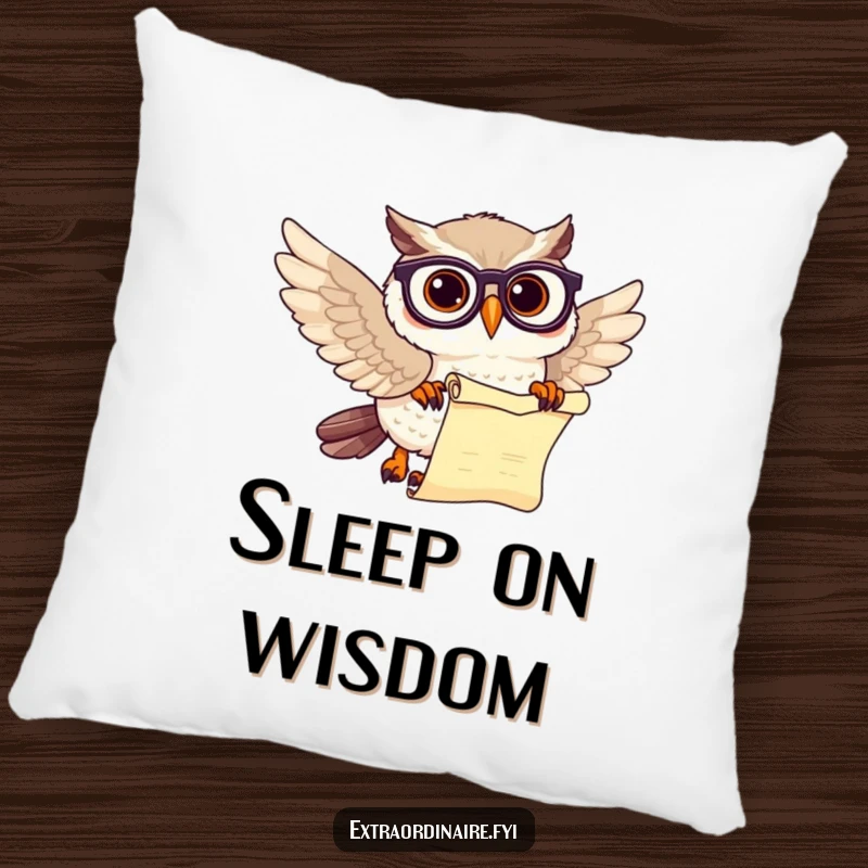 Funny owl scholar throw pillow featuring a beaming owl with spectacles and a scroll, soft and decorative.