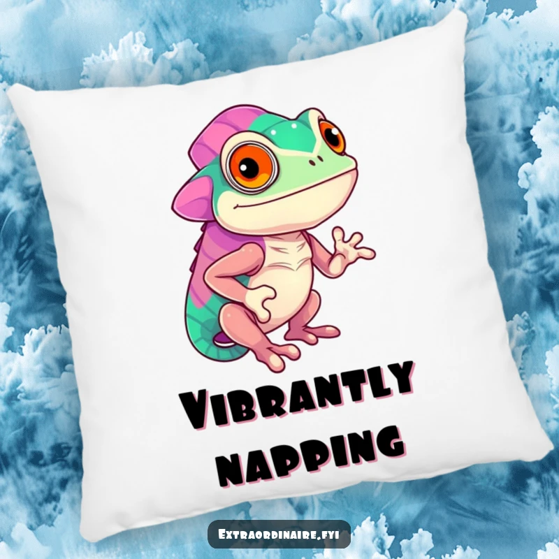 Funny confident chameleon character displaying vibrant colors, designed on a soft pillow, offering comfort and expressive style, a colorful accent.
