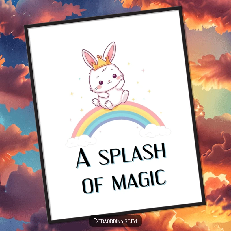 Funny digital art print of a fluffy bunny queen in a crown, soaring over a dazzling, sparkling rainbow, for instant wall decor.