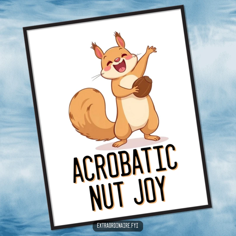 Funny Squirrel Flip Digital Art Print: A squirrel in mid-flight performing a hilarious acrobatic flip with a nut.