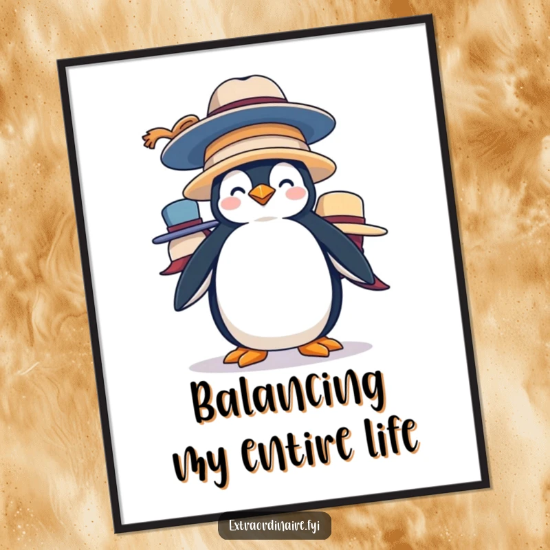 Funny Penguin Hat Stack Digital Art Print: A silly penguin balances oversized hats, offering instant, humorous, and delightfully playful wall decor.