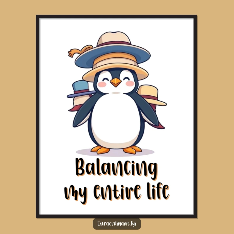 Funny Penguin Hat Stack Digital Art: Instant Silliness for Humorous Decor