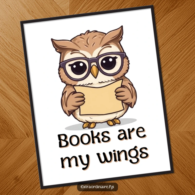 Funny owl scholar digital art print, a wise bird wearing spectacles reading a scroll, perfect for adding intellectual and humorous decor.