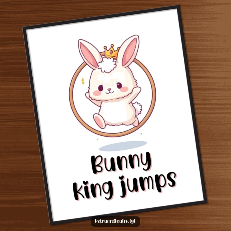 Funny digital art print of a fluffy bunny wearing a tiny crown, leaping through a hoop. Instant charming decor.