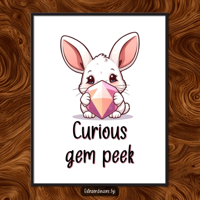 Funny digital art print of a curious rabbit with oversized ears peeking from behind a sparkling gem, bringing charm.