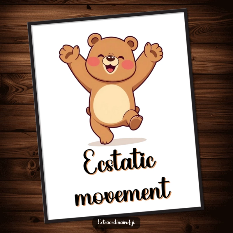 Funny dancing bear doing a cartwheel with an expression of pure elation, presented as a high-resolution digital art print.