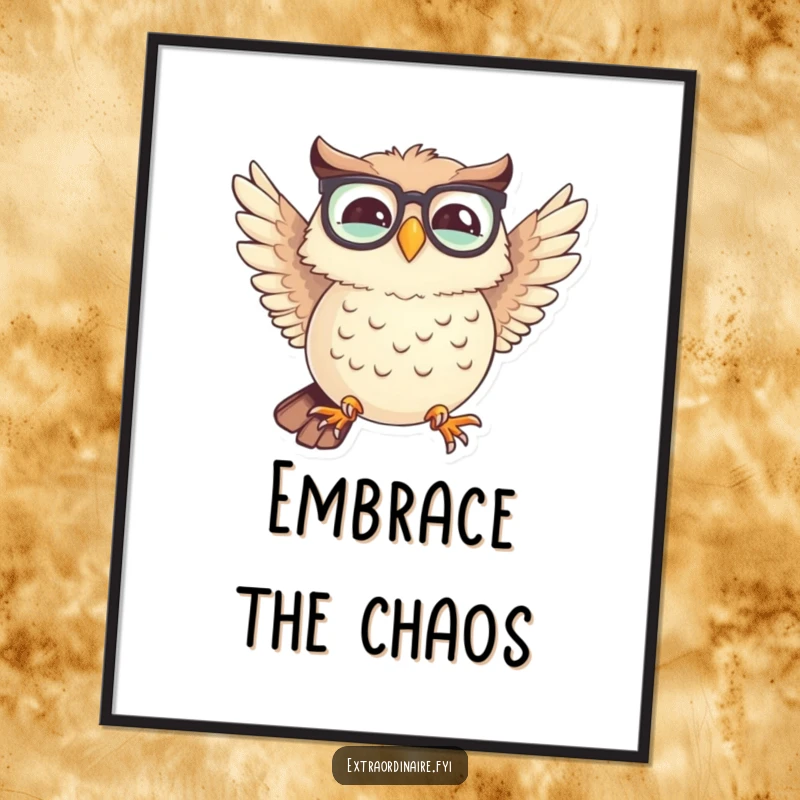 Funny digital art print of a giggling owl wearing spectacles, comically attempting flight with uneven wings, humorous art.