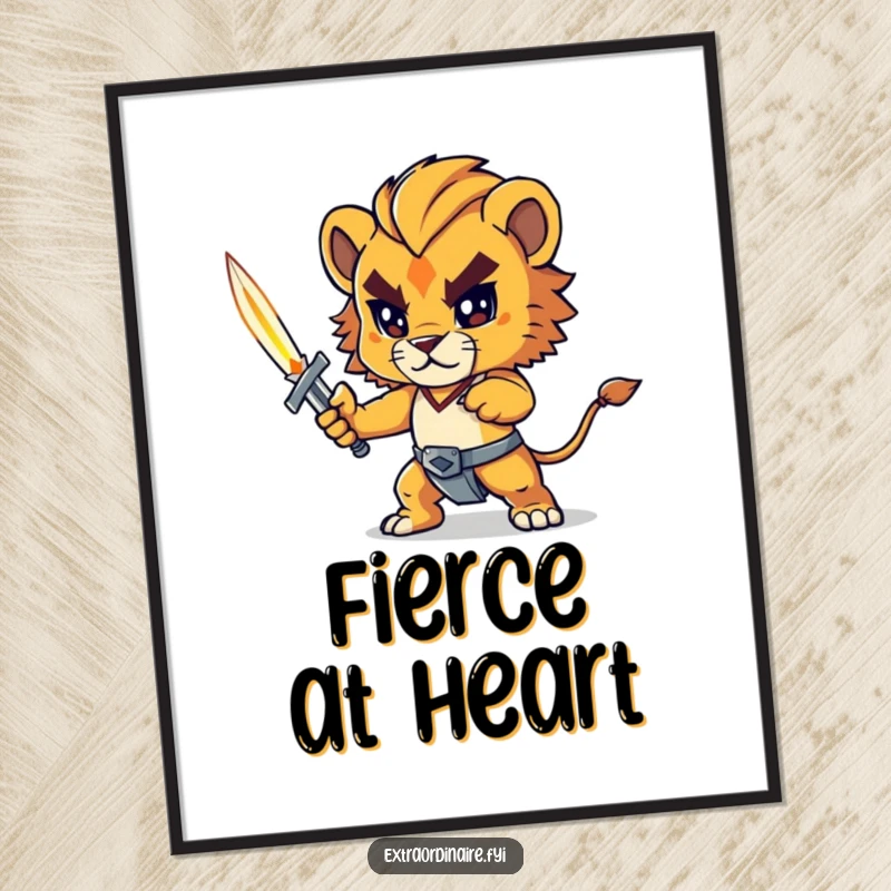 Funny lion cub digital art print, a determined lion cub character with a glowing sword, epic fantasy illustration, instant download.