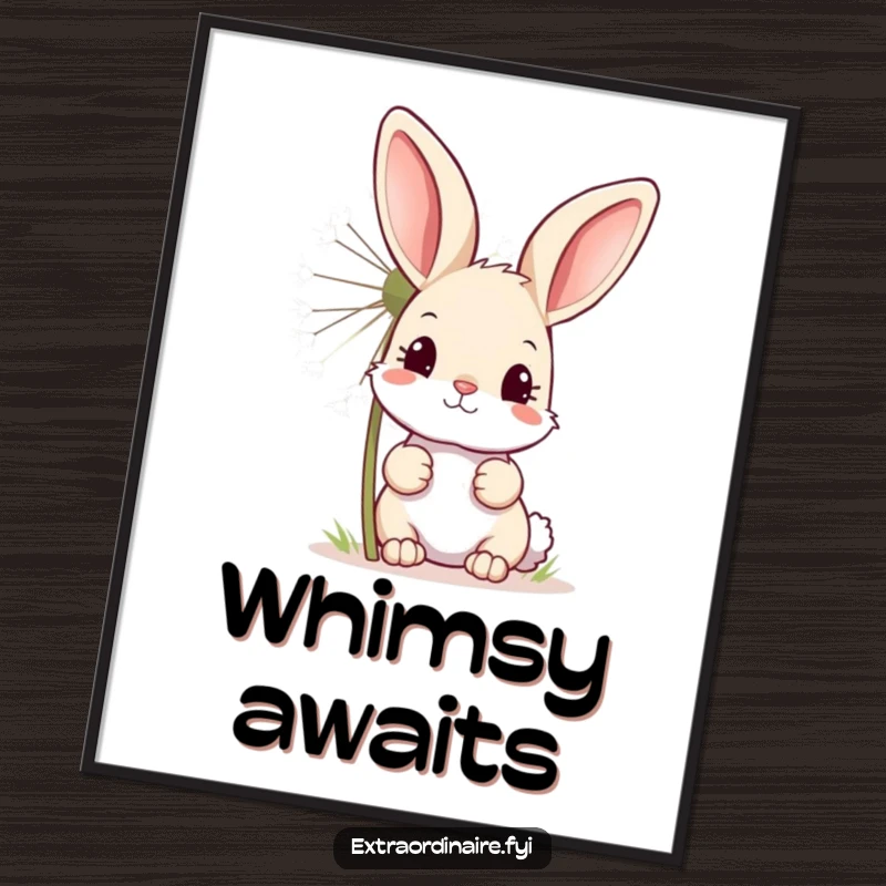 Funny digital art print of a curious bunny peeking from behind a giant, sparkling dandelion, creating a whimsical scene.