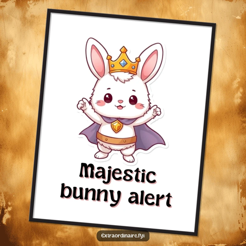 Funny bunny hero digital art print, a crowned and caped rabbit striking a majestic heroic pose.